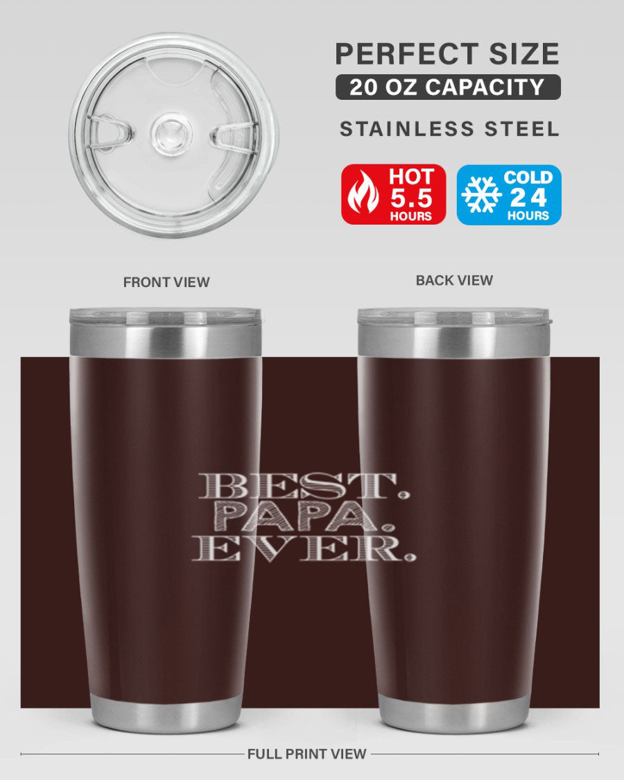 Best Papa Ever tumbler in stainless steel with a vibrant print, showcasing its double wall vacuum design.