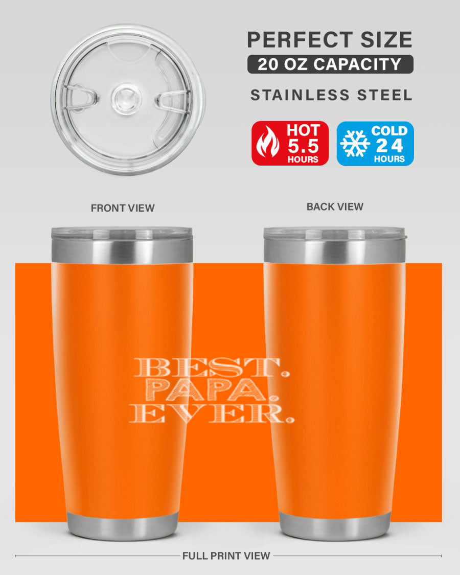 Best Papa Ever tumbler in stainless steel with a vibrant print, showcasing its double wall vacuum design.