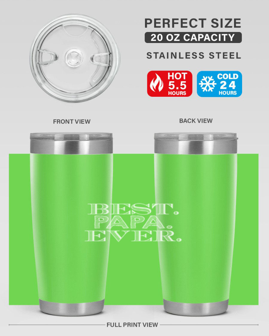 Best Papa Ever tumbler in stainless steel with a vibrant print, showcasing its double wall vacuum design.