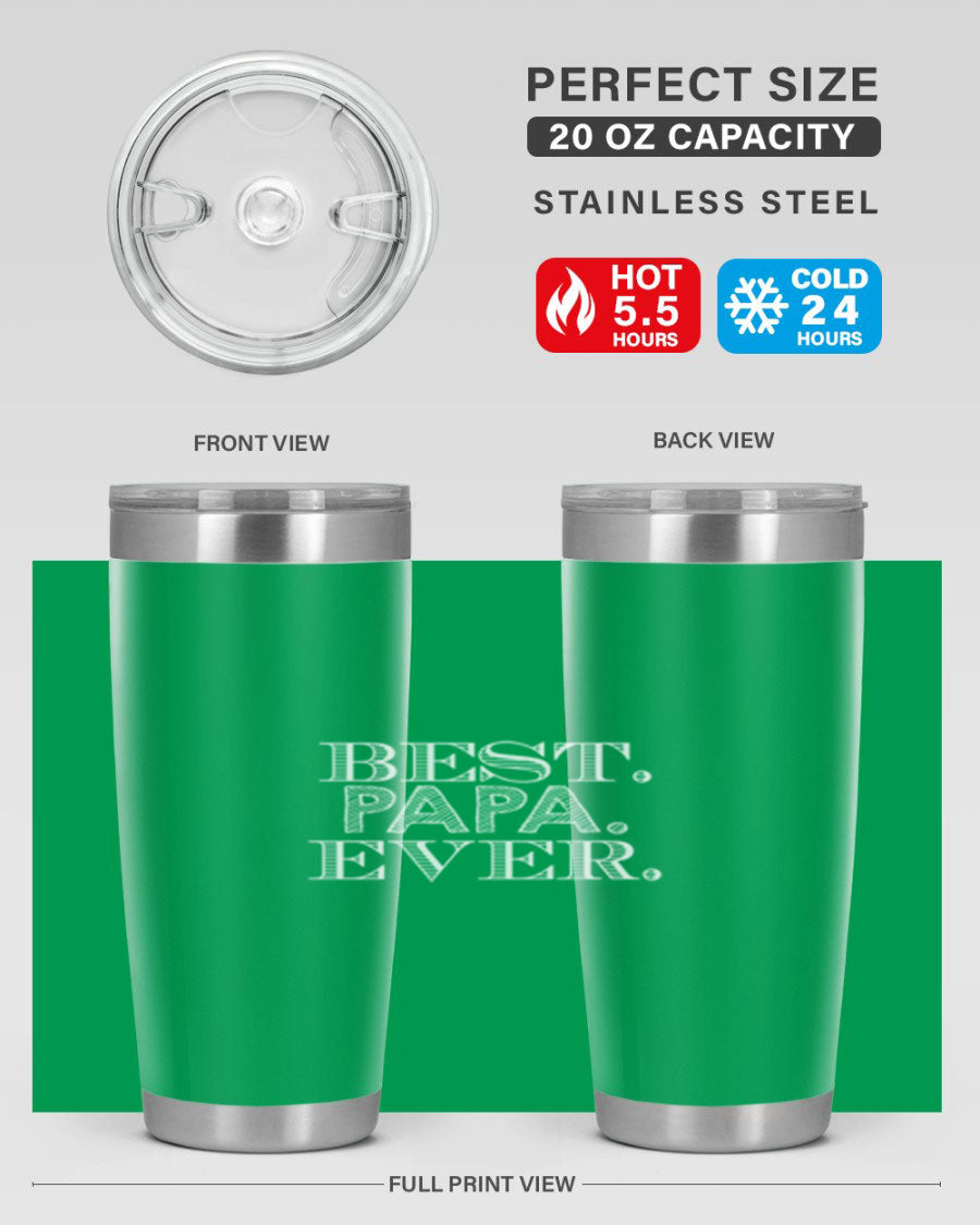 Best Papa Ever tumbler in stainless steel with a vibrant print, showcasing its double wall vacuum design.