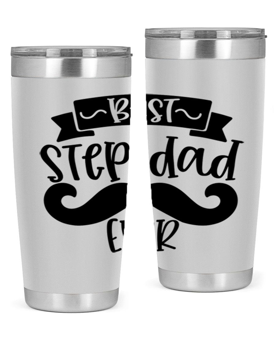 Best Step Dad Ever tumbler in stainless steel with a press-in lid, showcasing its double wall vacuum design and printed message.