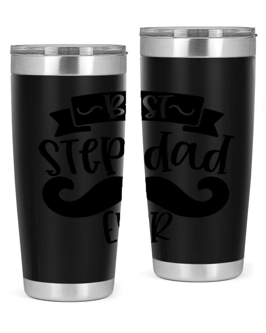 Best Step Dad Ever tumbler in stainless steel with a press-in lid, showcasing its double wall vacuum design and printed message.