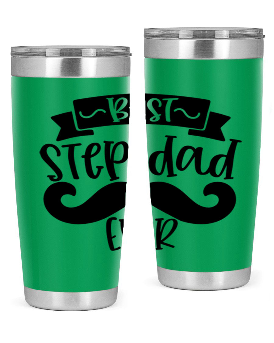 Best Step Dad Ever tumbler in stainless steel with a press-in lid, showcasing its double wall vacuum design and printed message.