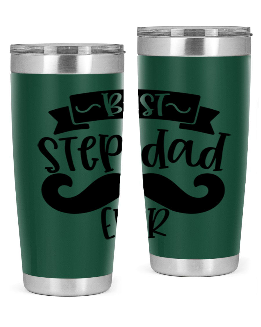 Best Step Dad Ever tumbler in stainless steel with a press-in lid, showcasing its double wall vacuum design and printed message.