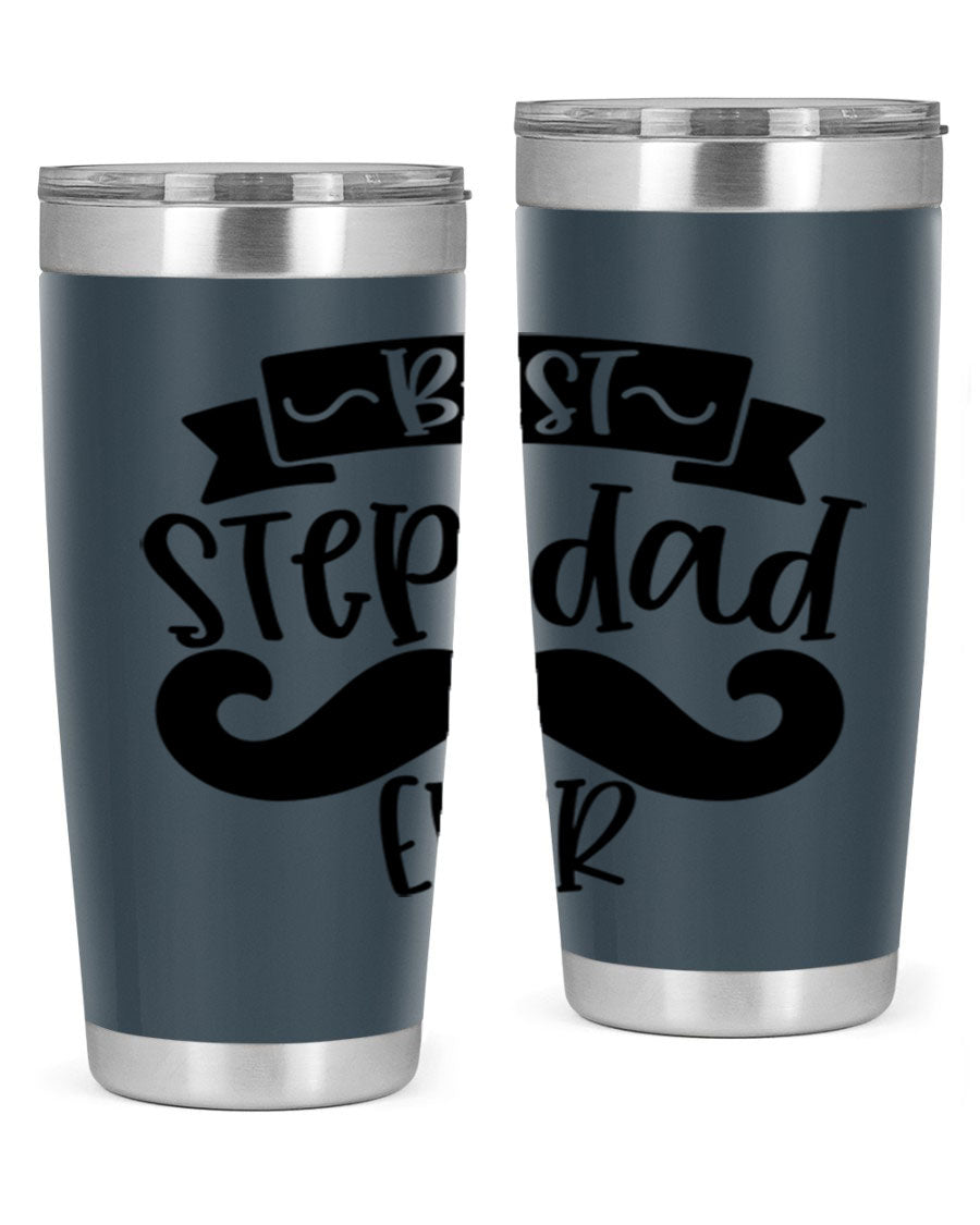 Best Step Dad Ever tumbler in stainless steel with a press-in lid, showcasing its double wall vacuum design and printed message.