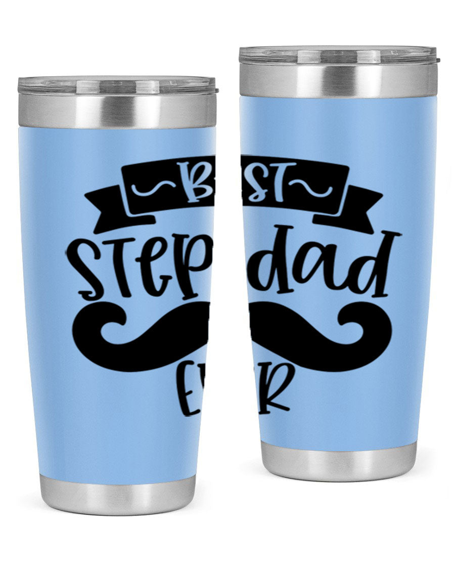 Best Step Dad Ever tumbler in stainless steel with a press-in lid, showcasing its double wall vacuum design and printed message.