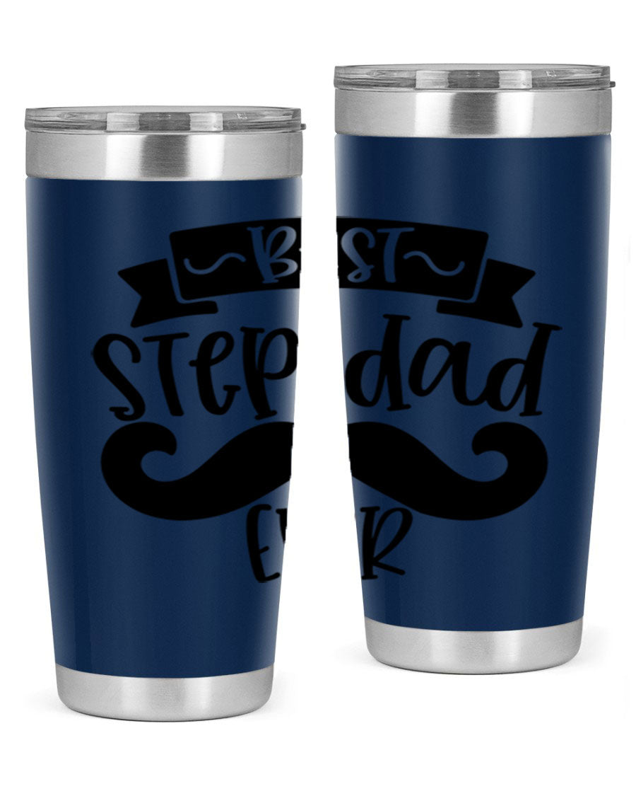 Best Step Dad Ever tumbler in stainless steel with a press-in lid, showcasing its double wall vacuum design and printed message.