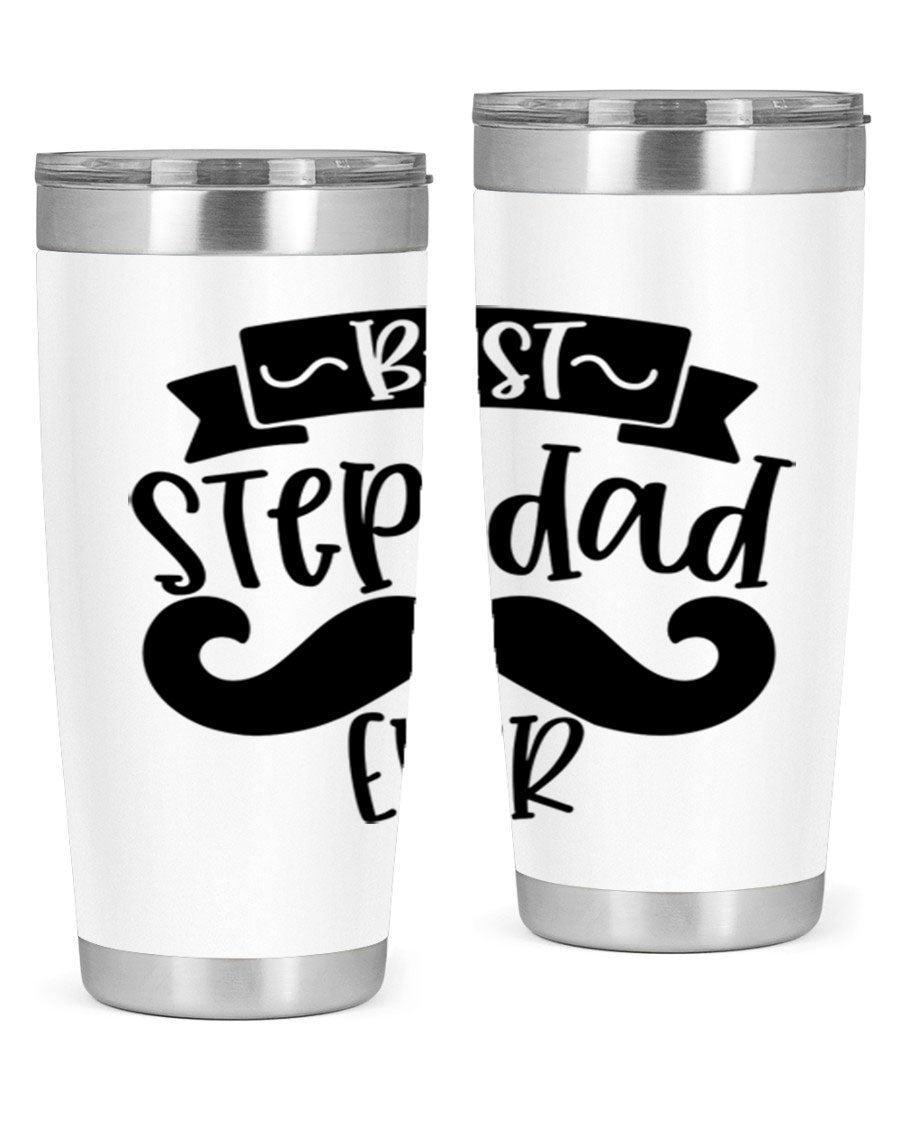 Best Step Dad Ever tumbler in stainless steel with a press-in lid, showcasing its double wall vacuum design and printed message.