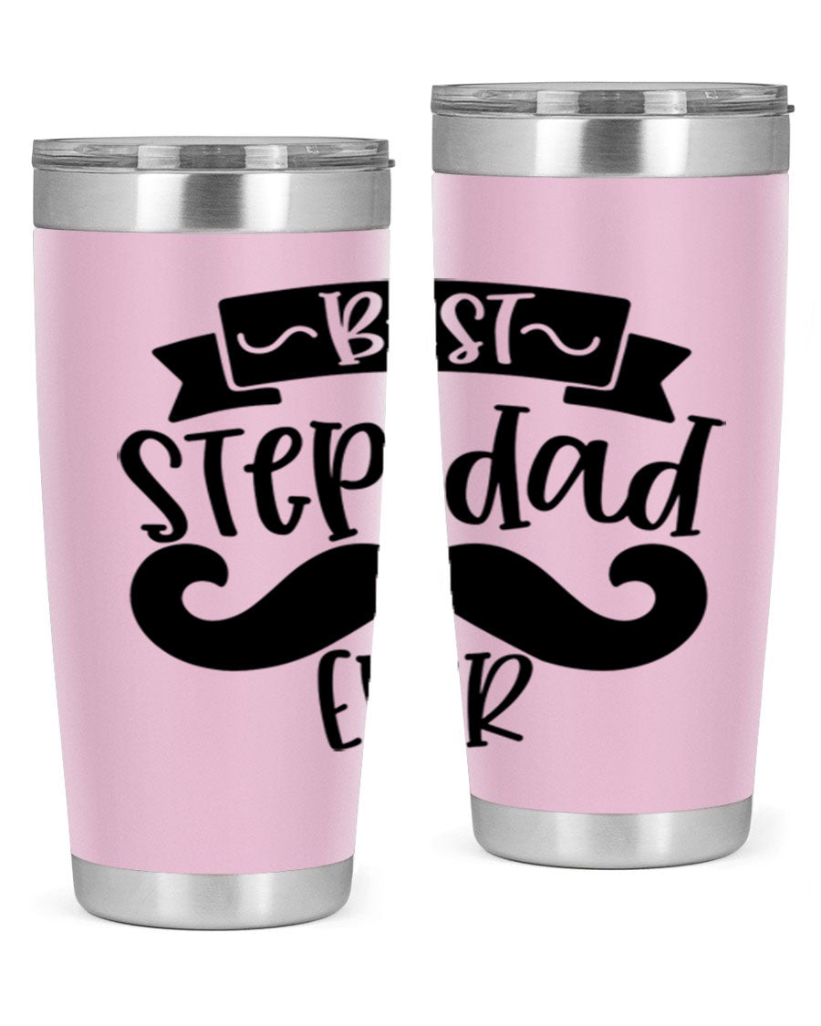 Best Step Dad Ever tumbler in stainless steel with a press-in lid, showcasing its double wall vacuum design and printed message.