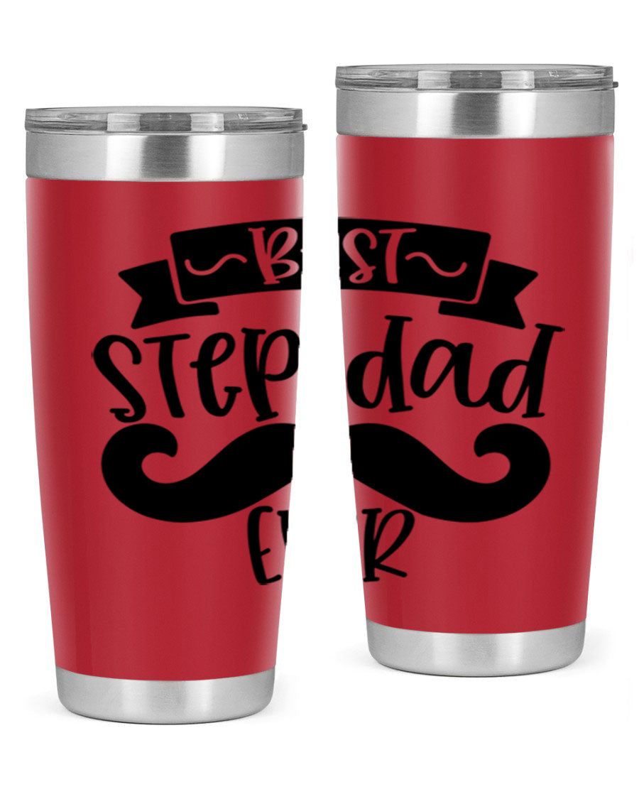 Best Step Dad Ever tumbler in stainless steel with a press-in lid, showcasing its double wall vacuum design and printed message.