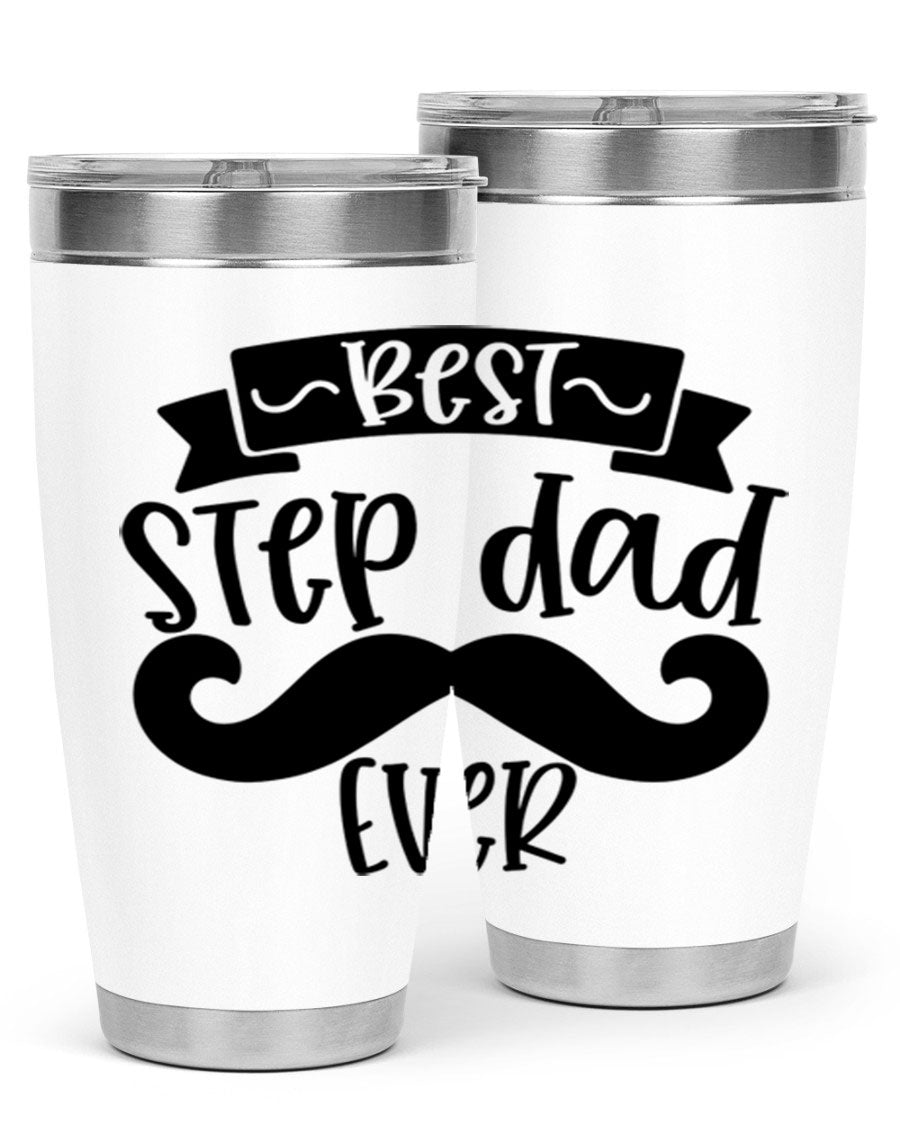 Best Step Dad Ever tumbler in stainless steel with a press-in lid, showcasing its double wall vacuum design and printed message.