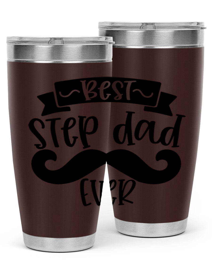 Best Step Dad Ever tumbler in stainless steel with a press-in lid, showcasing its double wall vacuum design and printed message.