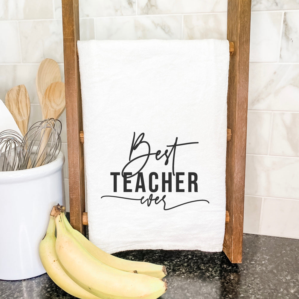 Best Teacher Ever cotton tea towel featuring vibrant design, made from 100% absorbent cotton, perfect for kitchen use.