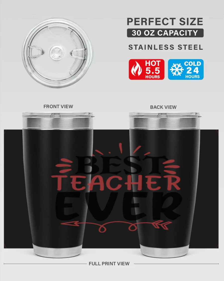 Best Teacher Ever tumbler in stainless steel with a vibrant design, perfect for hot and cold beverages.