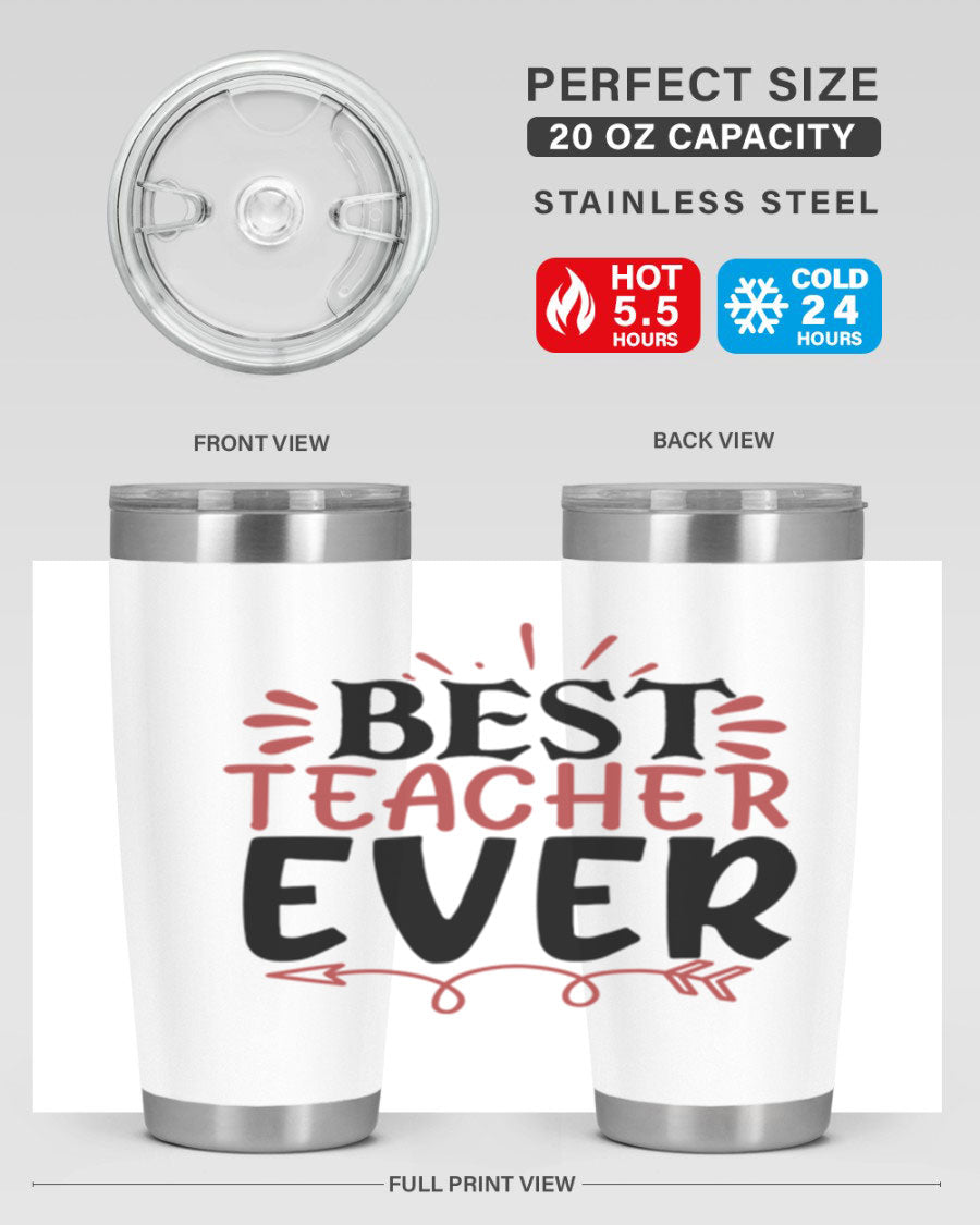 Best Teacher Ever tumbler in stainless steel with a vibrant design, perfect for hot and cold beverages.