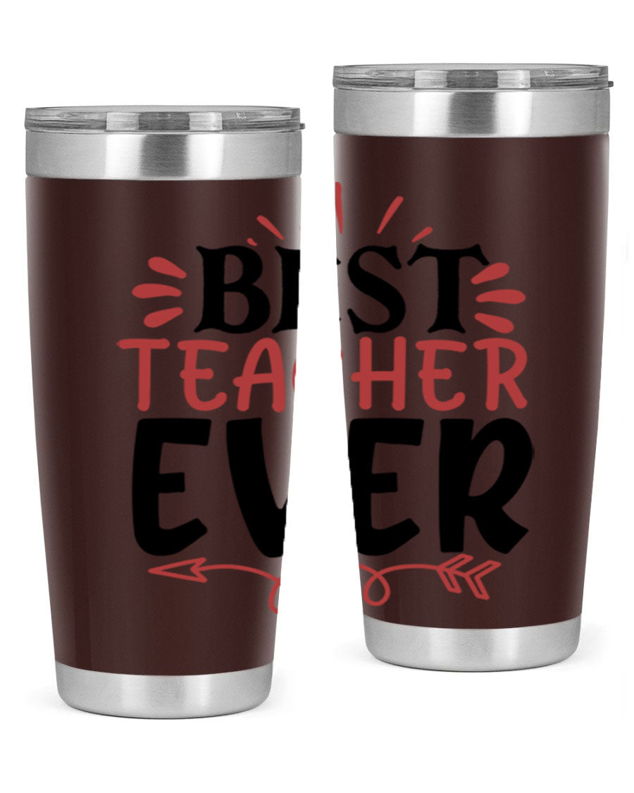 Best Teacher Ever tumbler in stainless steel with a vibrant design, perfect for hot and cold beverages.