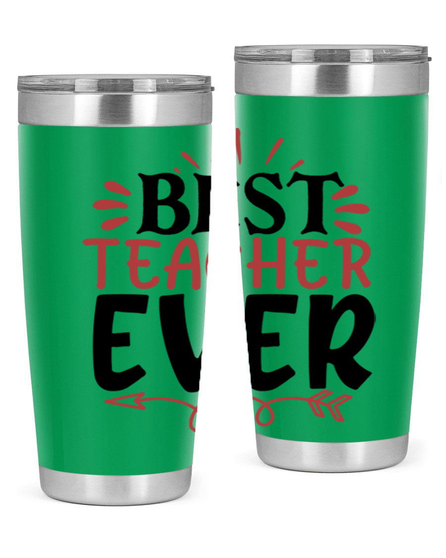 Best Teacher Ever tumbler in stainless steel with a vibrant design, perfect for hot and cold beverages.