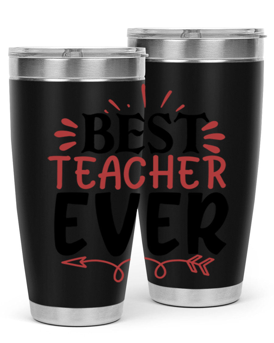 Best Teacher Ever tumbler in stainless steel with a vibrant design, perfect for hot and cold beverages.