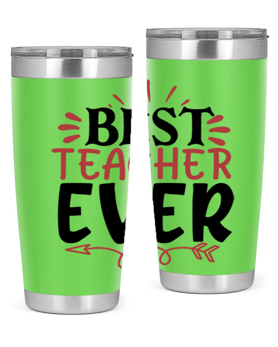 Best Teacher Ever tumbler in stainless steel with a vibrant design, perfect for hot and cold beverages.