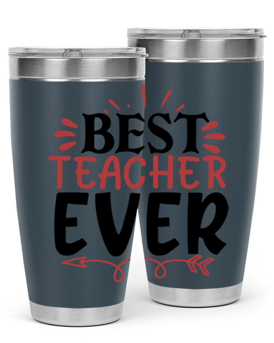 Best Teacher Ever tumbler in stainless steel with a vibrant design, perfect for hot and cold beverages.