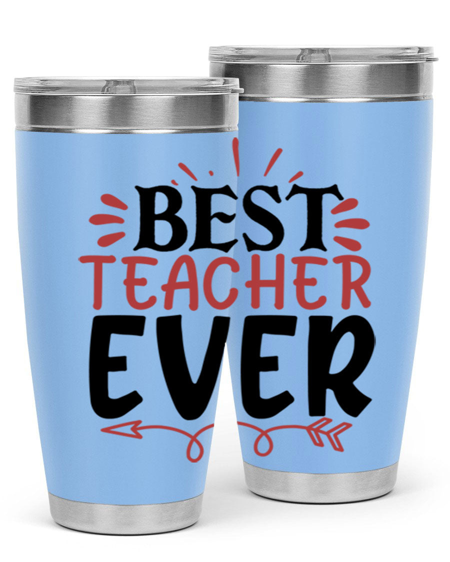 Best Teacher Ever tumbler in stainless steel with a vibrant design, perfect for hot and cold beverages.