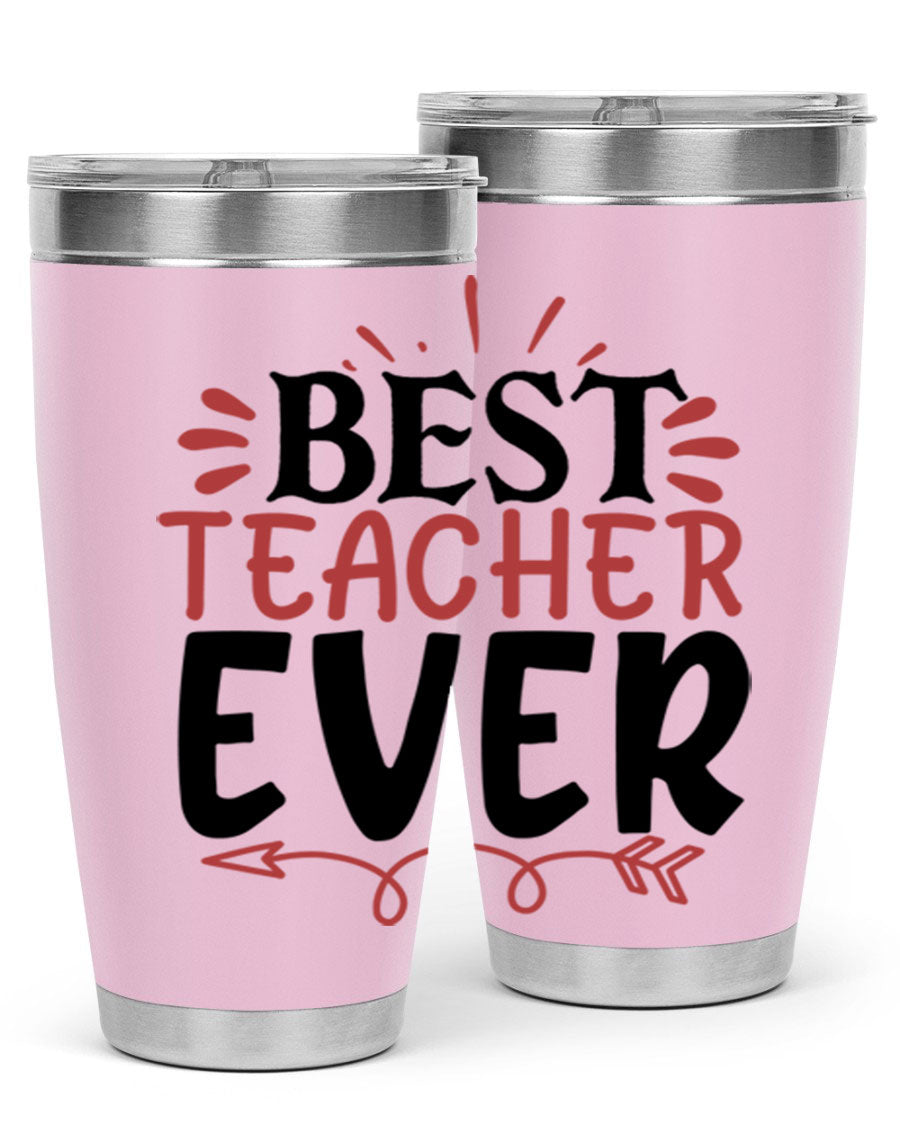 Best Teacher Ever tumbler in stainless steel with a vibrant design, perfect for hot and cold beverages.