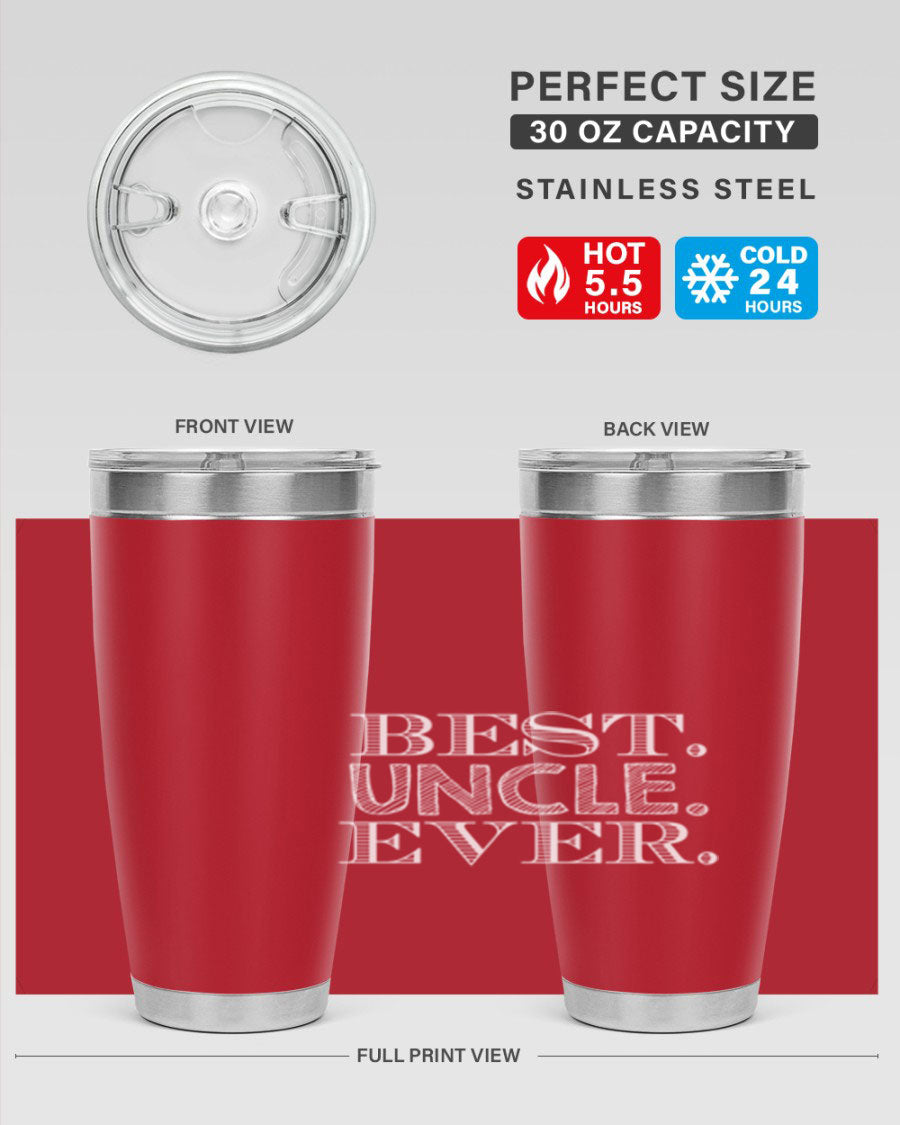 Best Uncle Ever Tumbler in stainless steel with a vibrant print, showcasing its double wall vacuum design and drink-thru lid.