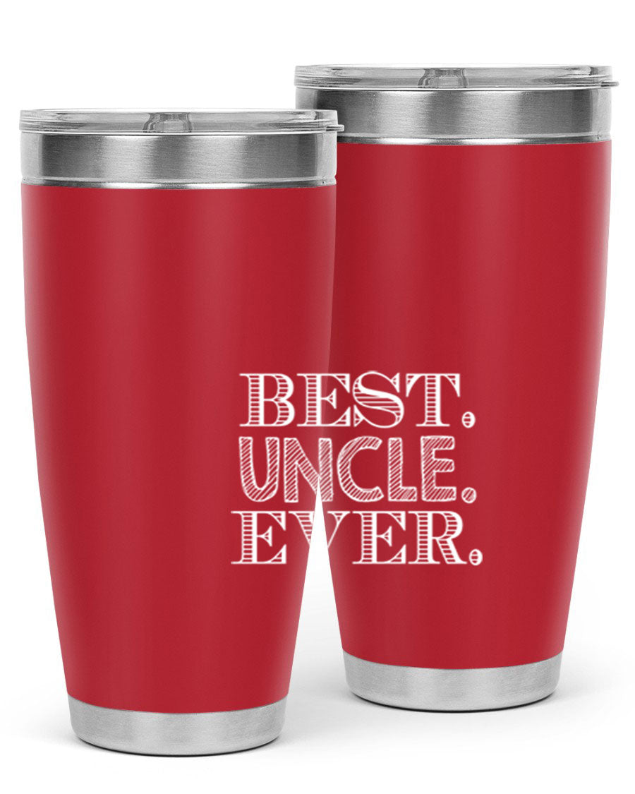 Best Uncle Ever Tumbler in stainless steel with a vibrant print, showcasing its double wall vacuum design and drink-thru lid.