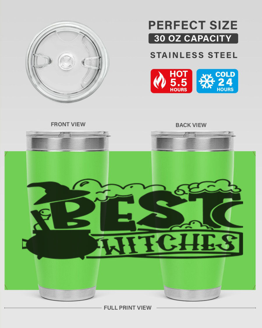 Best Witches 20oz Halloween Tumbler made of stainless steel with a whimsical design, perfect for hot and cold beverages.