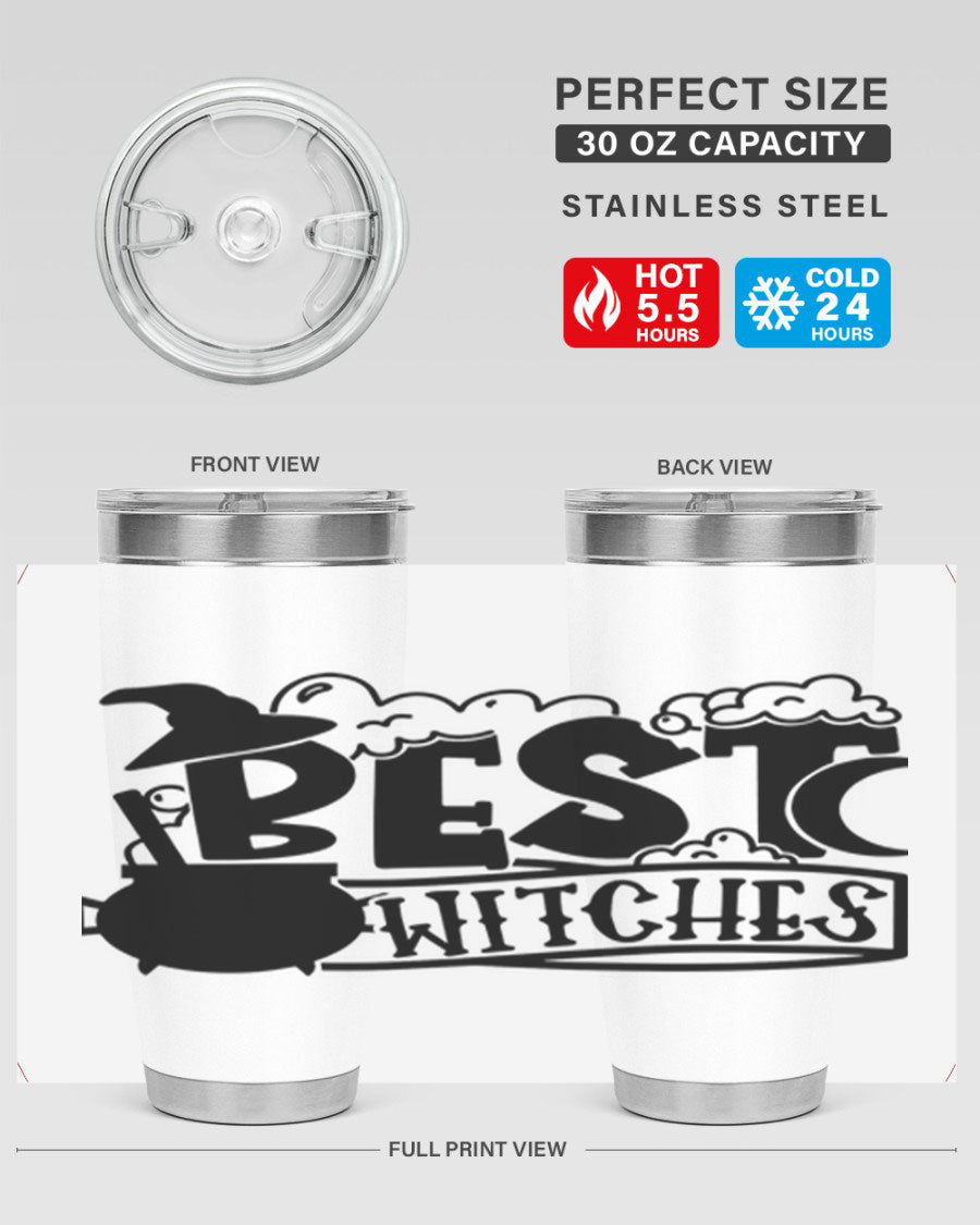 Best Witches 20oz Halloween Tumbler made of stainless steel with a whimsical design, perfect for hot and cold beverages.