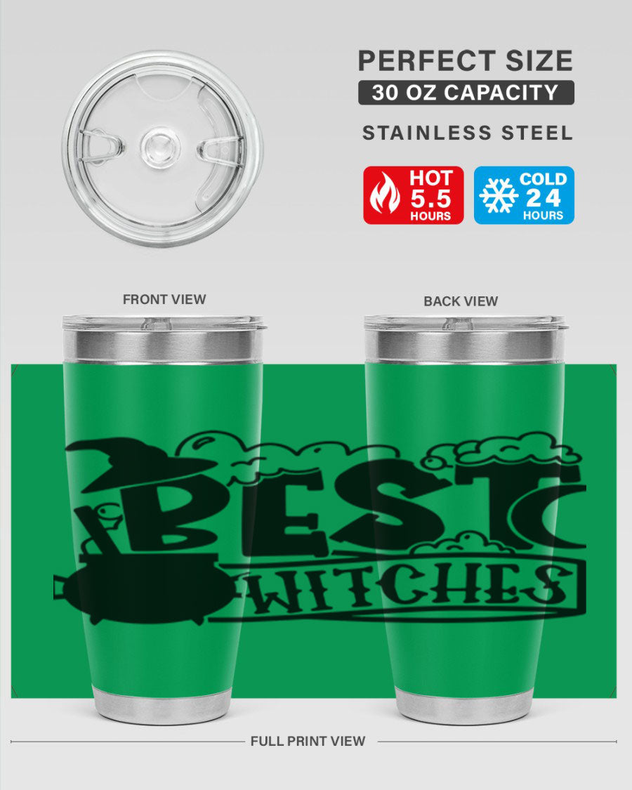 Best Witches 20oz Halloween Tumbler made of stainless steel with a whimsical design, perfect for hot and cold beverages.