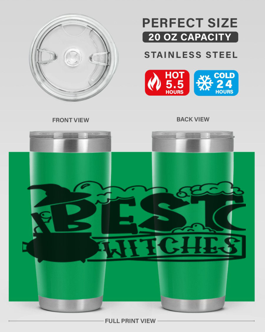 Best Witches 20oz Halloween Tumbler made of stainless steel with a whimsical design, perfect for hot and cold beverages.