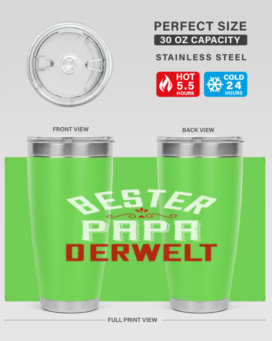 Bester Papa 46# 20oz tumbler featuring a stylish design, double wall vacuum insulation, and a drink-thru lid, perfect for hot and cold beverages.