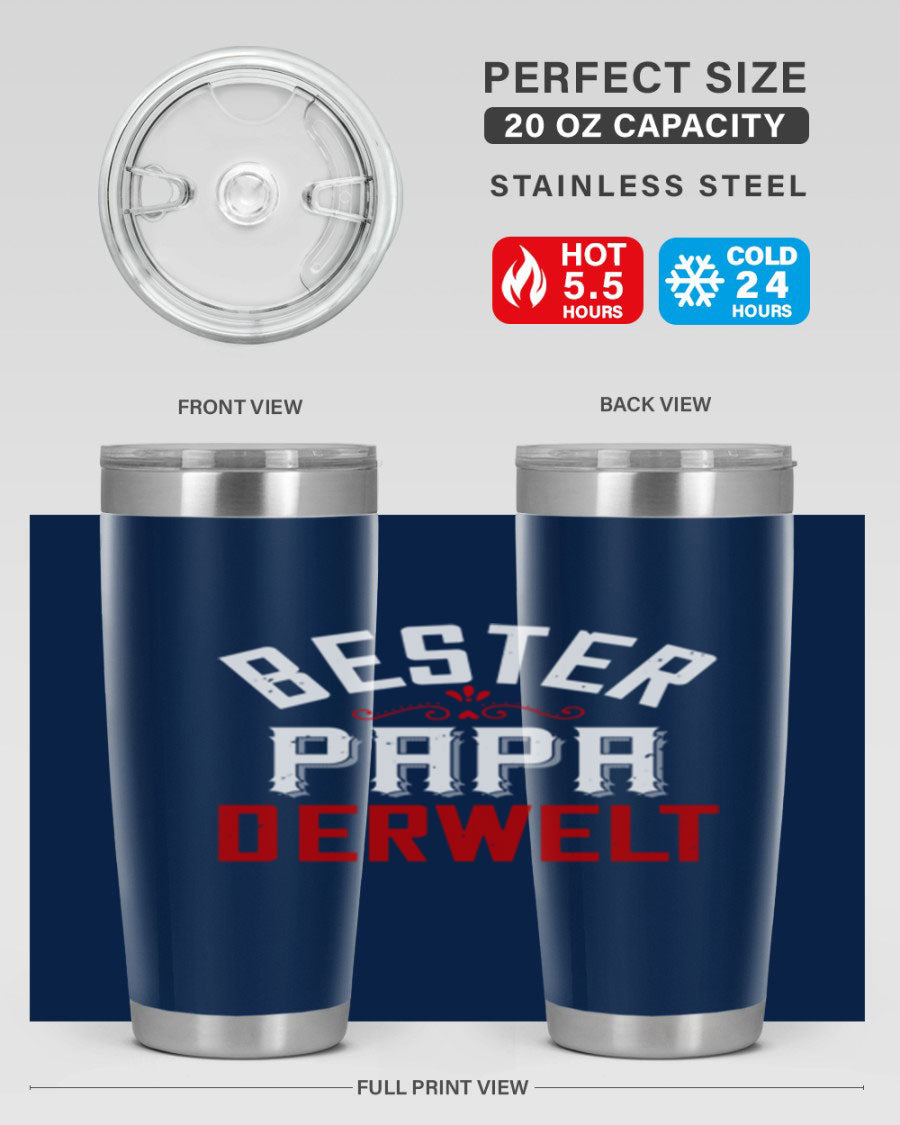 Bester Papa 46# 20oz tumbler featuring a stylish design, double wall vacuum insulation, and a drink-thru lid, perfect for hot and cold beverages.