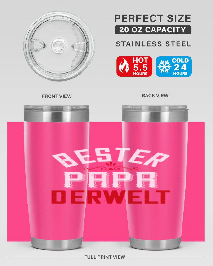 Bester Papa 46# 20oz tumbler featuring a stylish design, double wall vacuum insulation, and a drink-thru lid, perfect for hot and cold beverages.