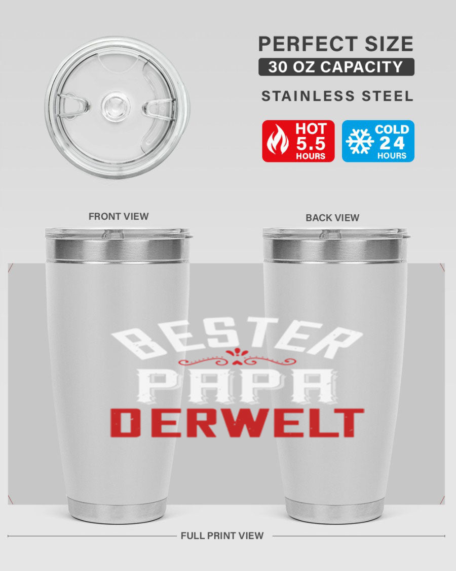 Bester Papa 46# 20oz tumbler featuring a stylish design, double wall vacuum insulation, and a drink-thru lid, perfect for hot and cold beverages.