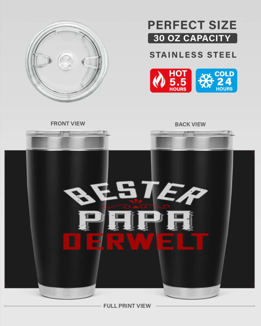 Bester Papa 46# 20oz tumbler featuring a stylish design, double wall vacuum insulation, and a drink-thru lid, perfect for hot and cold beverages.