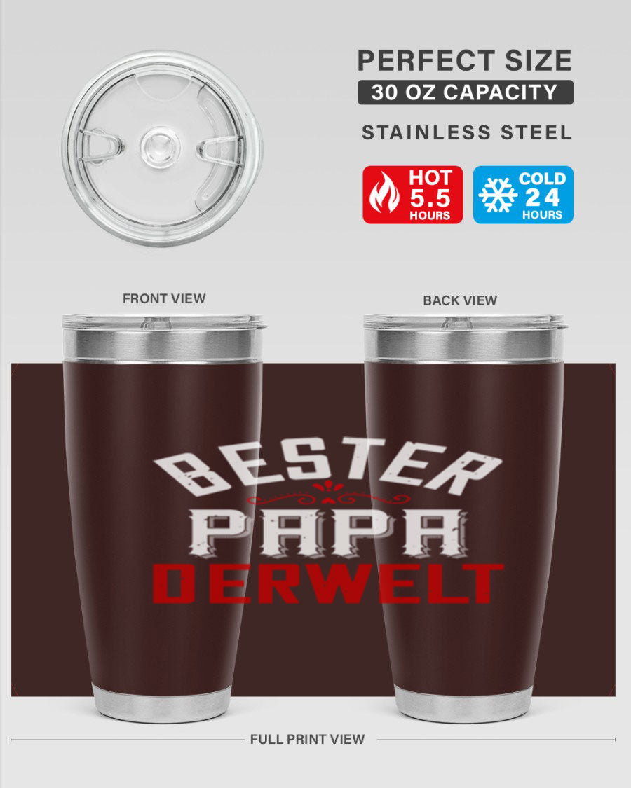 Bester Papa 46# 20oz tumbler featuring a stylish design, double wall vacuum insulation, and a drink-thru lid, perfect for hot and cold beverages.