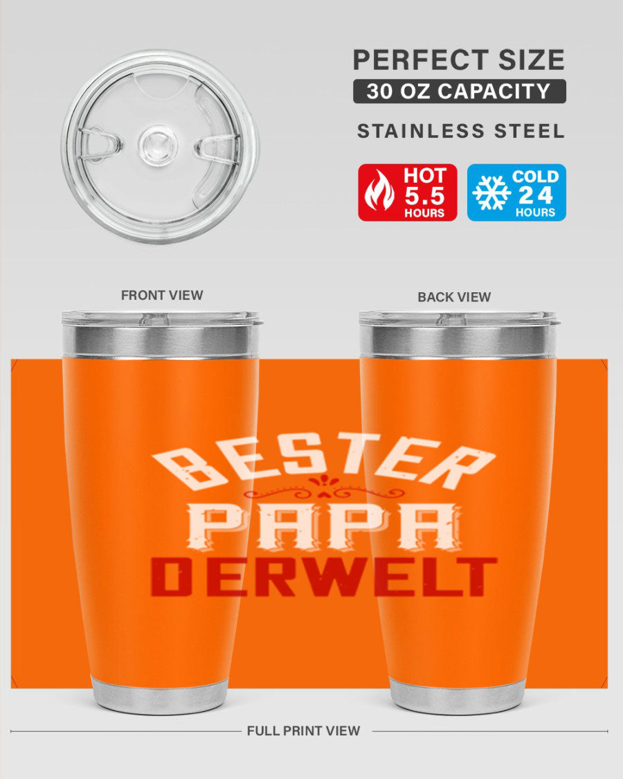 Bester Papa 46# 20oz tumbler featuring a stylish design, double wall vacuum insulation, and a drink-thru lid, perfect for hot and cold beverages.