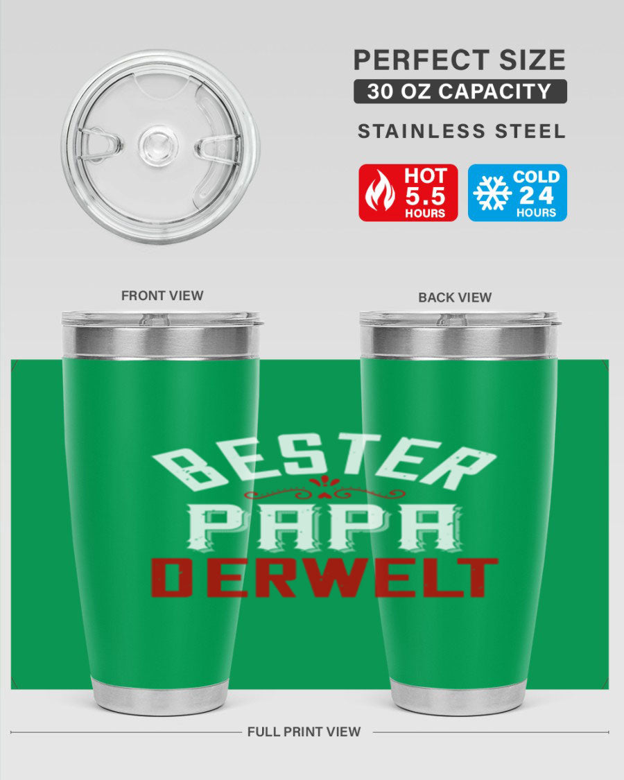 Bester Papa 46# 20oz tumbler featuring a stylish design, double wall vacuum insulation, and a drink-thru lid, perfect for hot and cold beverages.