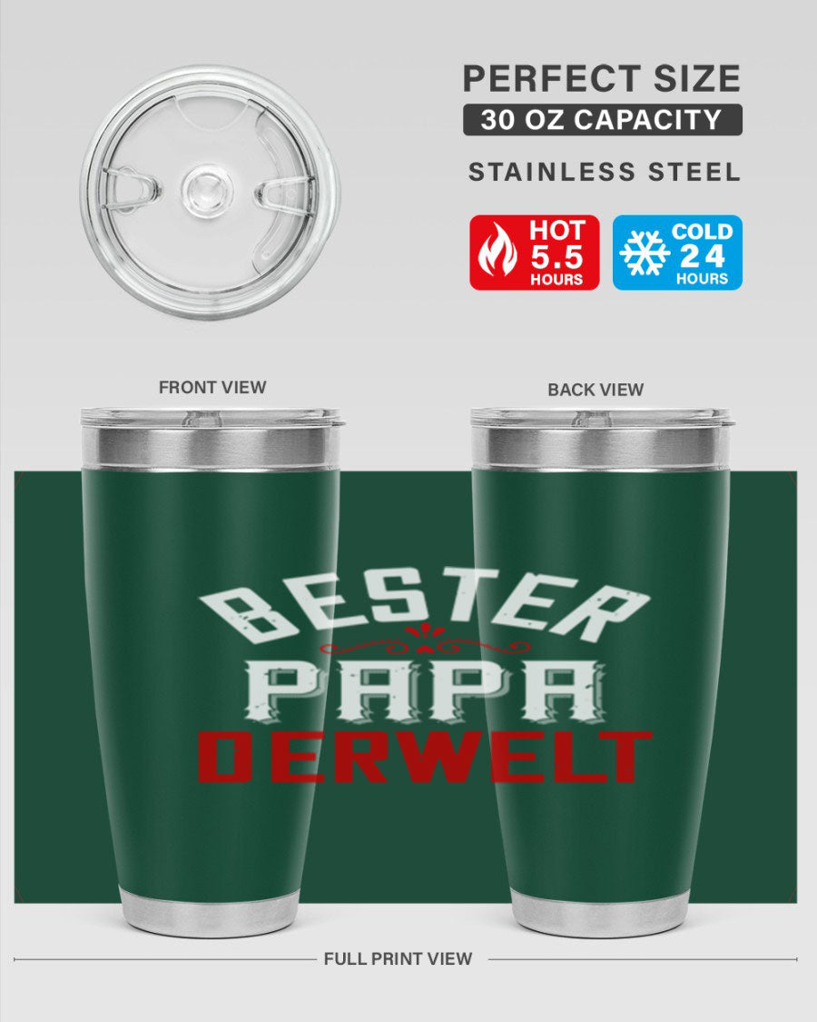 Bester Papa 46# 20oz tumbler featuring a stylish design, double wall vacuum insulation, and a drink-thru lid, perfect for hot and cold beverages.