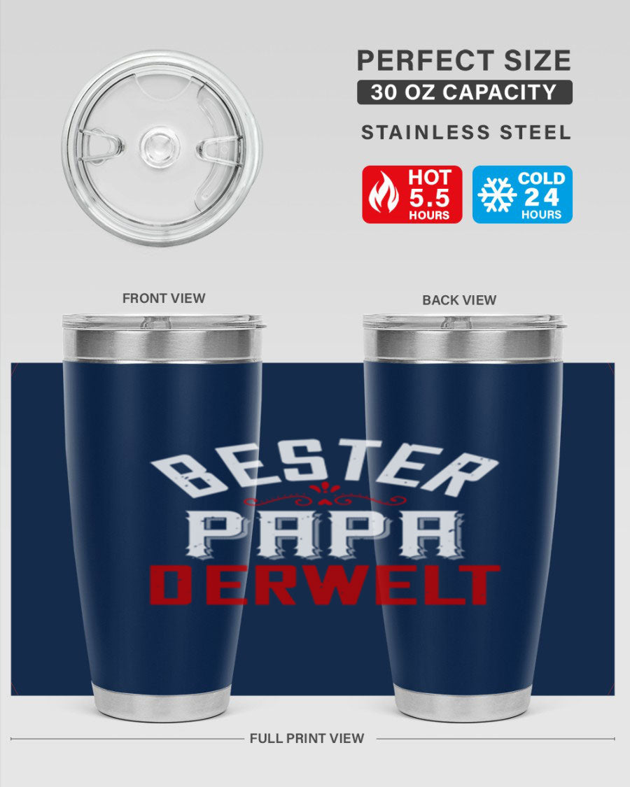 Bester Papa 46# 20oz tumbler featuring a stylish design, double wall vacuum insulation, and a drink-thru lid, perfect for hot and cold beverages.