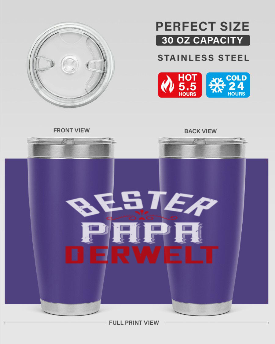 Bester Papa 46# 20oz tumbler featuring a stylish design, double wall vacuum insulation, and a drink-thru lid, perfect for hot and cold beverages.