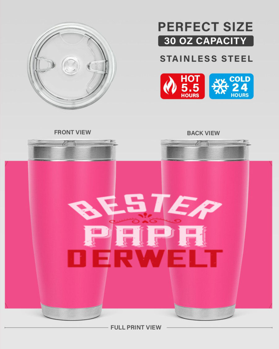 Bester Papa 46# 20oz tumbler featuring a stylish design, double wall vacuum insulation, and a drink-thru lid, perfect for hot and cold beverages.