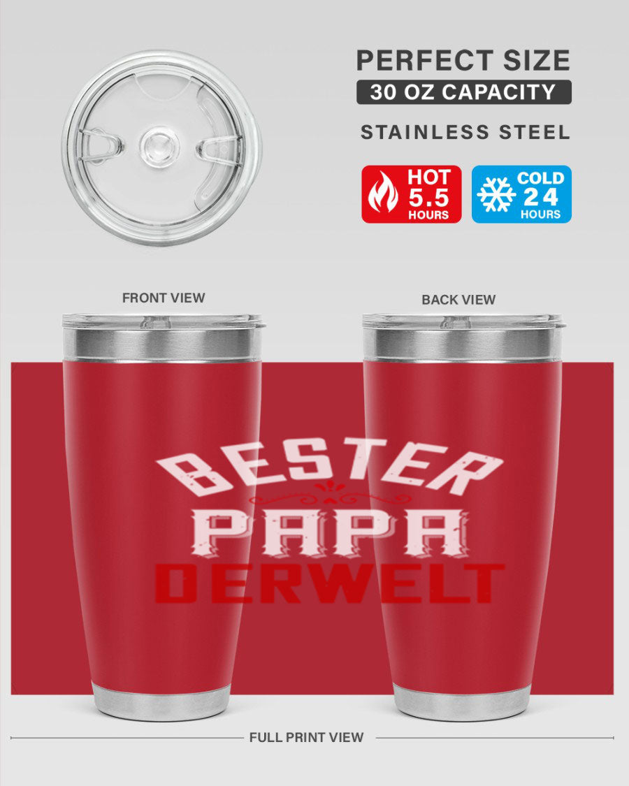 Bester Papa 46# 20oz tumbler featuring a stylish design, double wall vacuum insulation, and a drink-thru lid, perfect for hot and cold beverages.