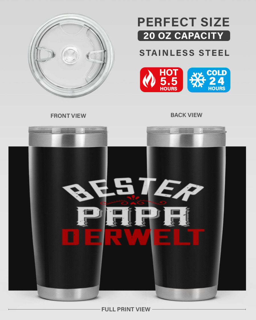 Bester Papa 46# 20oz tumbler featuring a stylish design, double wall vacuum insulation, and a drink-thru lid, perfect for hot and cold beverages.