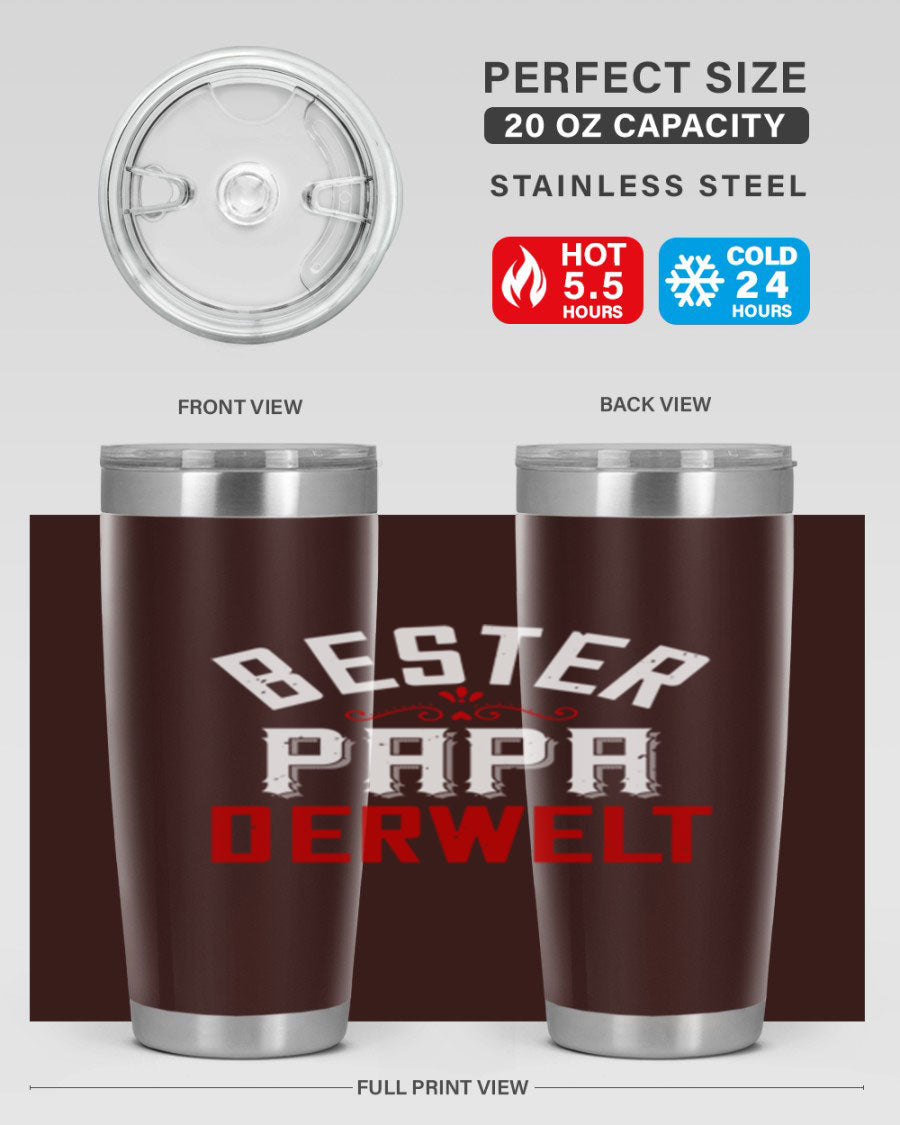 Bester Papa 46# 20oz tumbler featuring a stylish design, double wall vacuum insulation, and a drink-thru lid, perfect for hot and cold beverages.