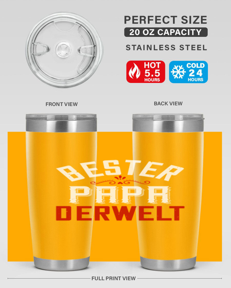 Bester Papa 46# 20oz tumbler featuring a stylish design, double wall vacuum insulation, and a drink-thru lid, perfect for hot and cold beverages.