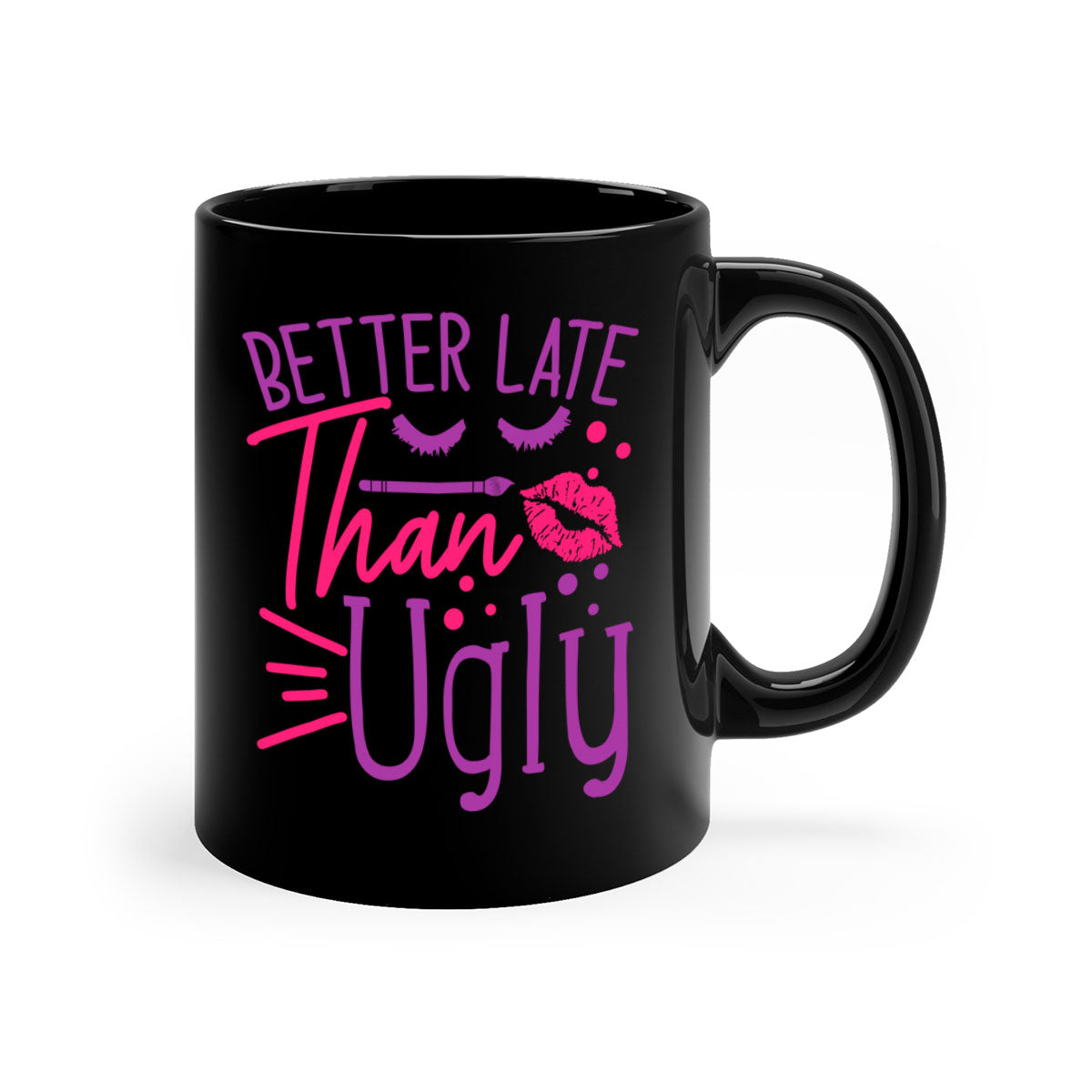 Better Late Than Ugly Style 248# ceramic mug with a glossy finish, featuring a colored handle and interior, available in five vibrant colors.