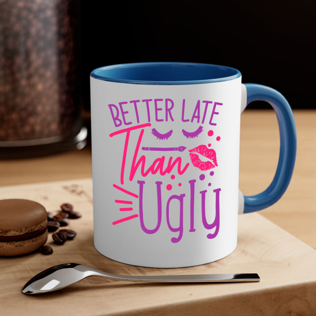 Better Late Than Ugly Style 248# ceramic mug with a glossy finish, featuring a colored handle and interior, available in five vibrant colors.